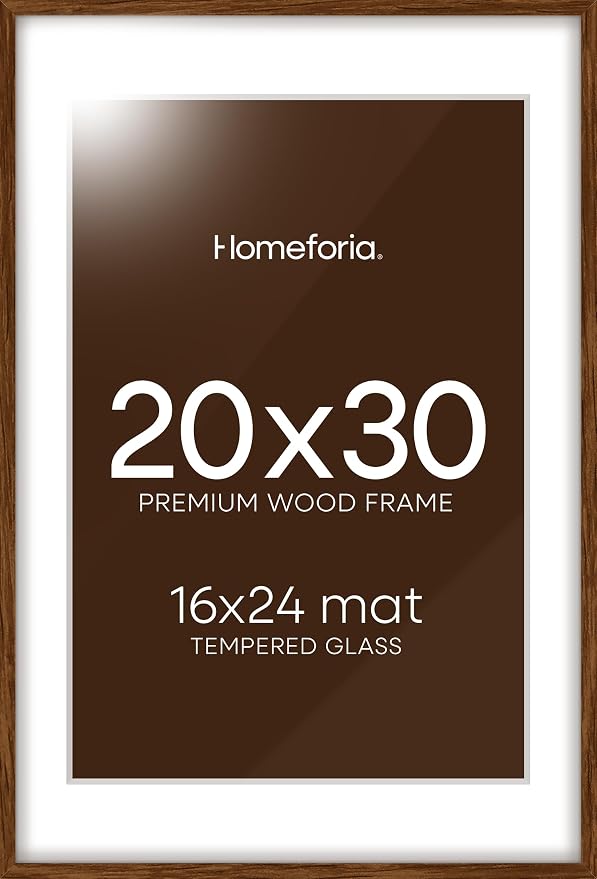 Homeforia 20 x 30 Walnut Frame, High End Dark Oak 20x30 Wooden Poster Frames with Mat 16x24, 20 x 30 Brown Wood Picture Frame Matted to 16 x 24, 30x20 Hanging Frame, Tempered Glass, Wall Kit, Set of 2