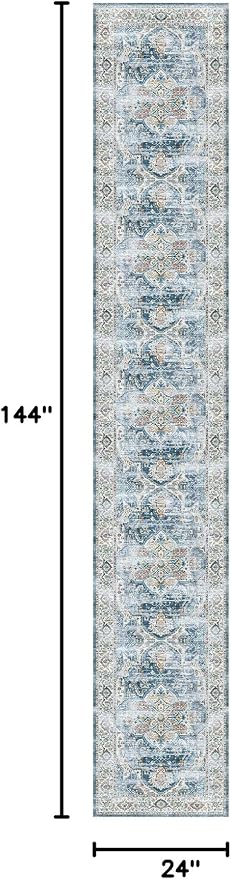 Madane Washable Runner Rugs 2x12 Long for Hallway Kitchen Soft, Navy | Non-Slip Vintage Printed 12ft Rug Runners with Rubber Backing, Low-Pile Floor Carpet Laundry Room Entryway, Corridor