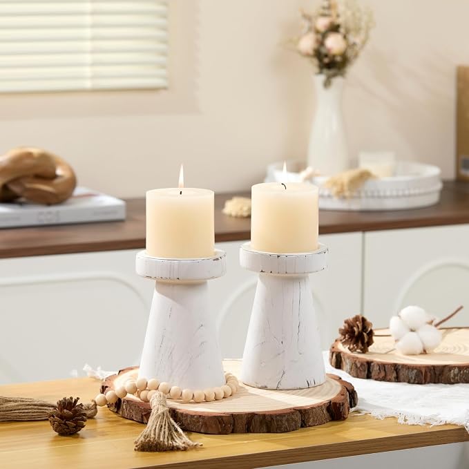 Wood Candle Holders for Pillar Candles, Set of 2 Vintage Rustic Tall Modern Farmhouse Decor, Decorative Wooden Candlestick Stand for Fireplace Mantel, Table Centerpiece - Distressed White