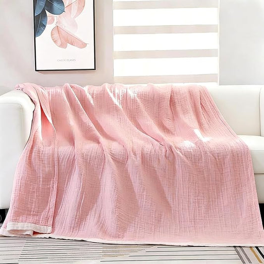 100% Cotton Muslin Blanket 60"x80", Pink Throw Blankets for Couch Bed Sofa Chair, 4-Layer Soft Cozy Quilt Travel Blanket, Farmhouse Decor,All Seasons