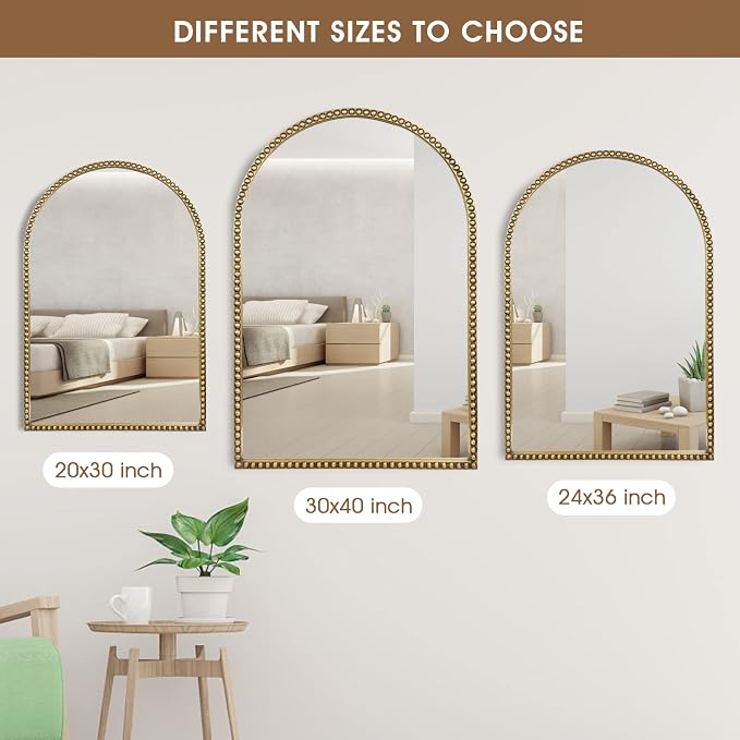 Arched Wall Mirror for Bathroom, 20"x30" Metal Beaded Frame Decorative Accent Mirror, Large Modern Distressed Hanging Wall Decor for Washroom, Bedroom, Living Room, Entryway, Antique Gold