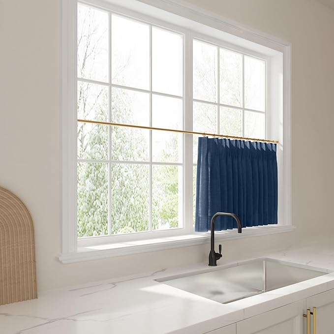 TWOPAGES 42" W x 45" L Linen Blend Cafe Curtains for Kitchen Window, Light Filtering Pinch Pleated Tier Curtains, Modern Farmhouse Half Window Curtains for Bathroom, Navy Blue, 2 Panels