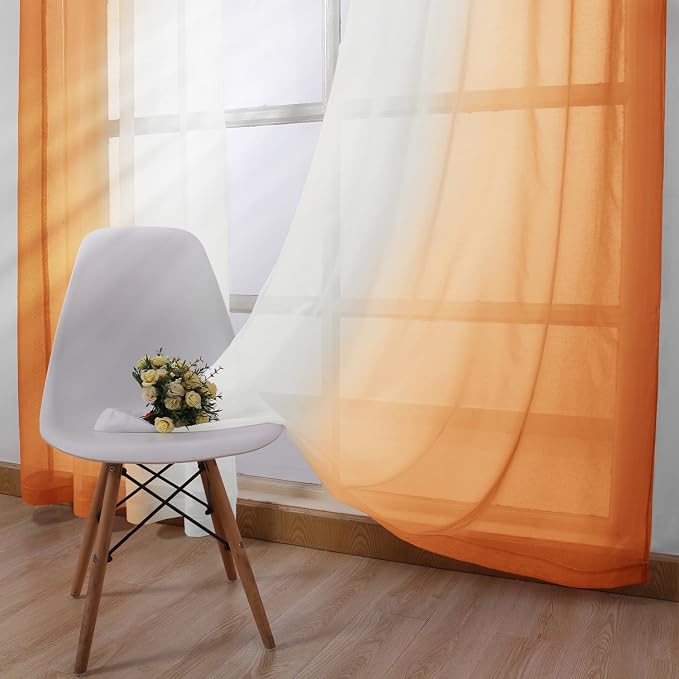 DWCN Ombre Short Sheer Curtains - Faux Linen Semi Voile Gradient Light-Filtering Bedroom and Living Room Curtains, Set of 2 Grommet Top Window Drape Panels, 42 x 45 Inch Length, Sunset Orange
