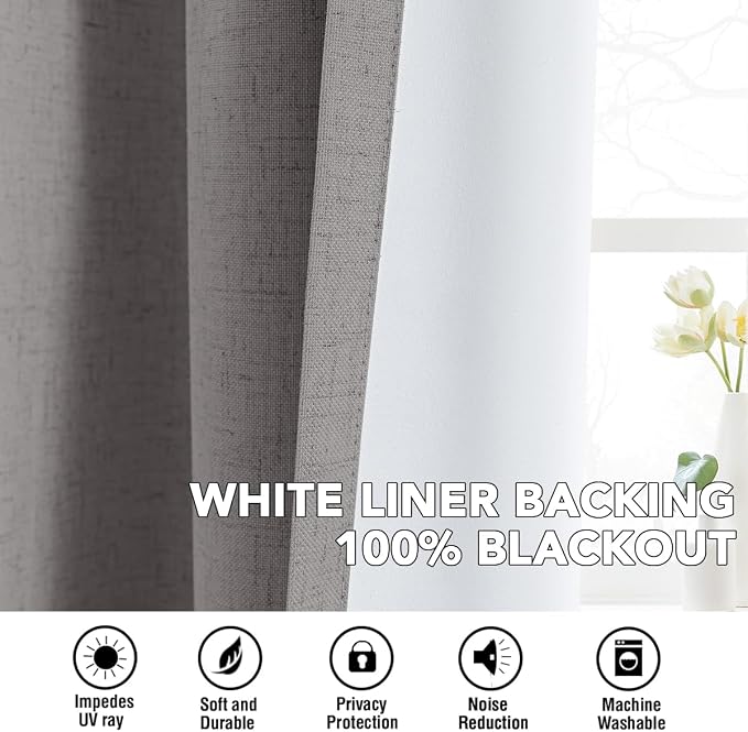 H.VERSAILTEX Linen Curtains 100% Blackout Curtains for Bedroom 108 inch Long Full Light Blocking Nature Linen Blended Window Curtains for Living Room Nickel Grommet (2 Panels, Heathered Dove)