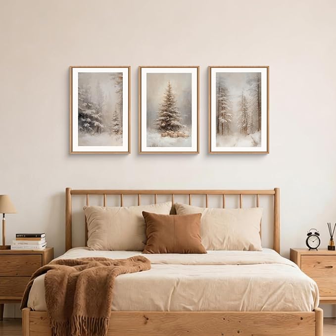 Vintage Christmas Tree Snowy Woodland Framed Canvas Wall Art Set,Modern Rustic Frosty Winter Landscape Wall Decor,Natural Snow Covered Pine Forest Artwork for Xmas Bedroom,Farmhouse-16 x24 x3