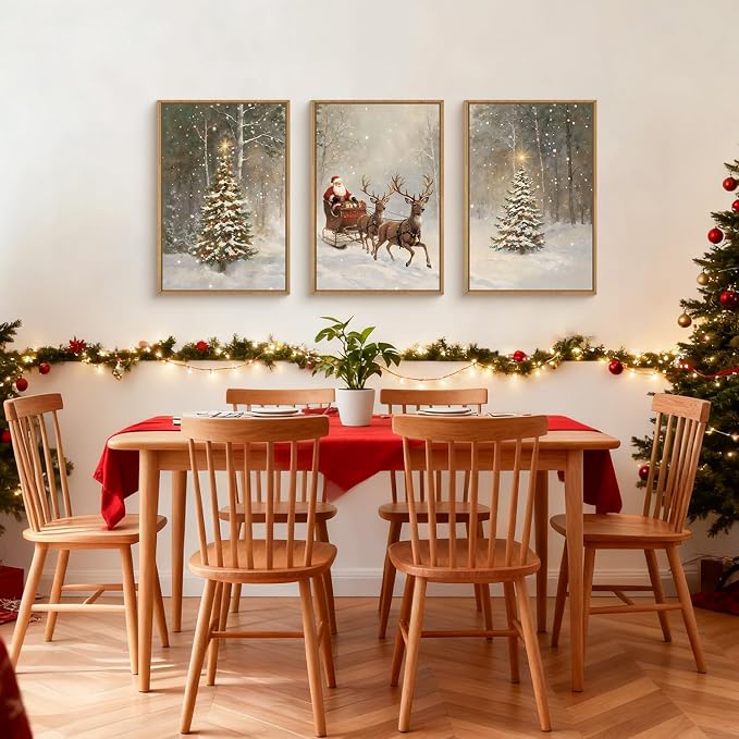 LHIUEM Christmas Santa Reindeer Framed Canvas Wall Art Set,Vintage Trees Snowy Wall Decor,Sleigh Deer Forest Winter Wall Printing for Living Room,Bedroom,Dining Room,Office -24"x36"x3
