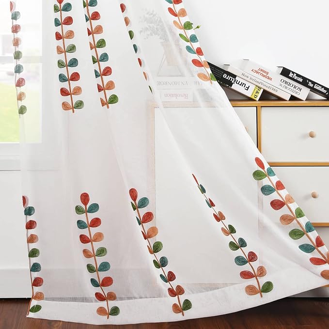VOGOL Sheer Curtains 106 Inches Long, Colorful Leaves Embroidered White Sheer Rod Pocket Curtains for Living Room Bedroom, W60 X L106, 2 Pieces