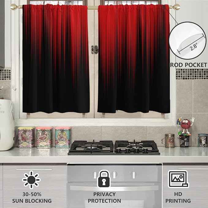 AAtter Red and Black Ombre Short Kitchen Curtains 27.5" W x 36" L, Gothic Dark Anime Tier Drapes for Small Windows, Rod Pocket Abstract Art Gradient Fabric, 2 Panels Set