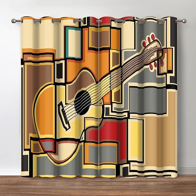 Jekeno Music Guitars Blackout Curtains - Geometric Square Shaped Splicing Background Print Darkening Window Drapes Decor Bedroom Home Living Room Grommet Window Drapes 2 Panel Set, 52"x63"