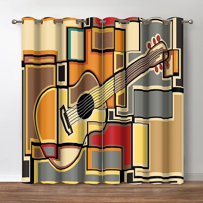 Jekeno Guitar Music Blackout Curtains - Musical Guitar Theme Abstract Geometric Square Shaped Print Decor Apartment Bedroom Living Room Darkening Grommet Window Drapes 2 Panel Set,52"x 84"