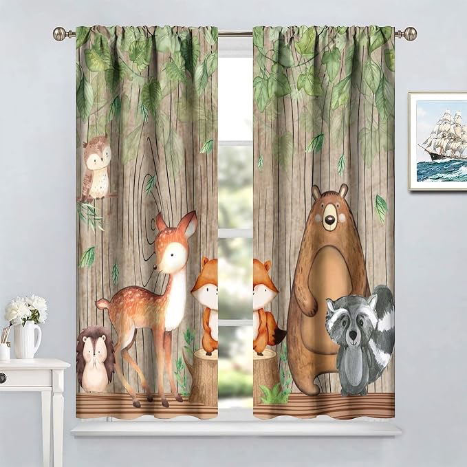 Forest Animal Kids Curtains, Wild Rustic Bear Fox Deer Children Cartoon Window Treatments for Living Room, Watercolor Navy Blackout Drapes 2 Panel Sets,63x72 Inch