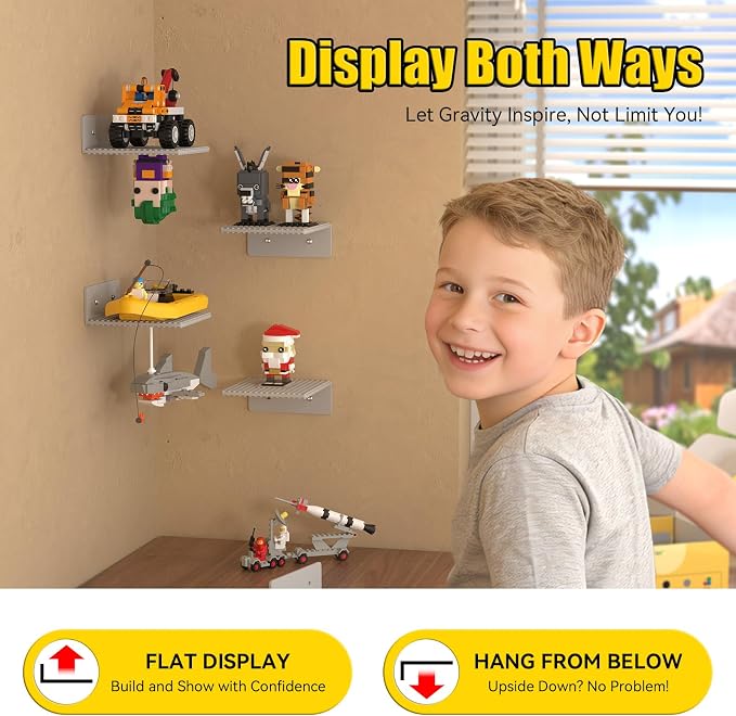BlissBox 6-Pack Floating Display Shelves for Wall Compatible with Lego Building Bricks, 5 × 5.5 Inch Dual-Sided 16 × 17 Studs for Brick Storage and Display, ABS Display Shelf for Room Decor, Gray