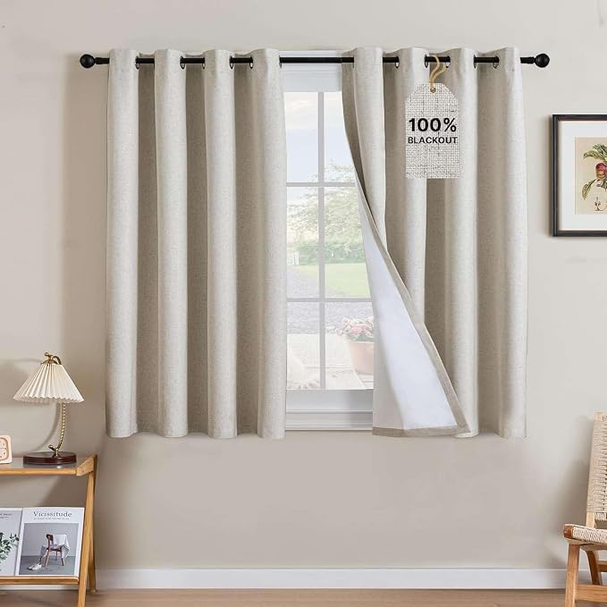 H.VERSAILTEX Linen Curtains 100% Blackout Curtains for Bedroom 45 inch Long Full Light Blocking Nature Linen Blended Window Curtains for Living Room Nickel Grommet (2 Panels, Heathered Linen)