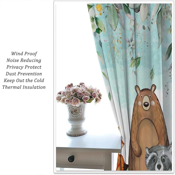Kid Forest Animal Curtains, Woodland Animal Fox Elk Bear Watercolor Print Curtains for Nursery Bedroom Living Room, Rustic Safari Wild Animal Blackout Window Drapes 2 Panel Set,63x72 Inch