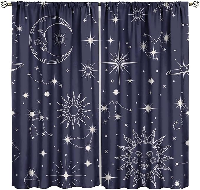 Sun Moon Blackout Curtains, Vintage Mysticism Art Modern Abstract Sun Moon Star Window Drapes, for Bedroom Living Room 52" W X 84" L