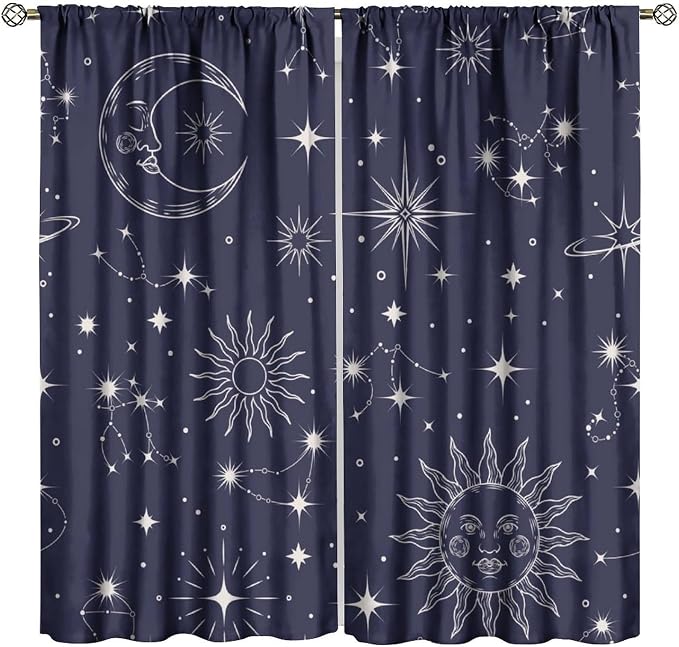 Sun Moon Blackout Curtains, Vintage Mysticism Art Modern Abstract Sun Moon Star Window Drapes, for Bedroom Living Room 42" W X 54" L