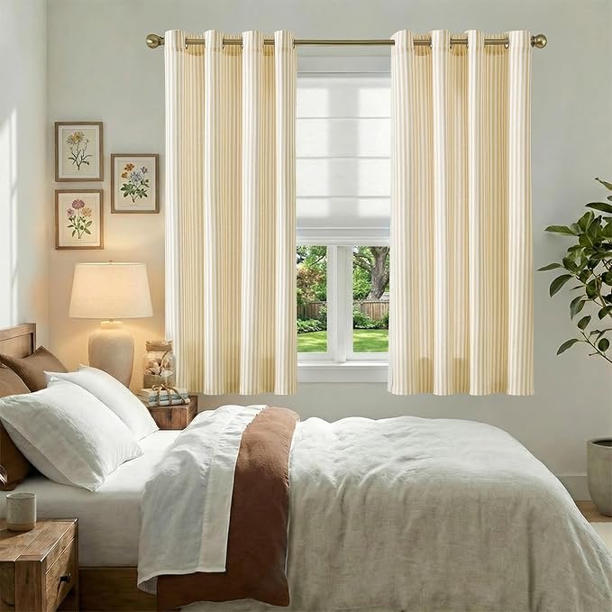 jinchan Linen Curtains 63 inch Yellow Stripe on White Grommet 2 Panels | Curtains for Living Room Bedroom,Ticking Vertical Stripe Pattern,Modern Farmhouse Drapes, Window Treatment,Light Filtering