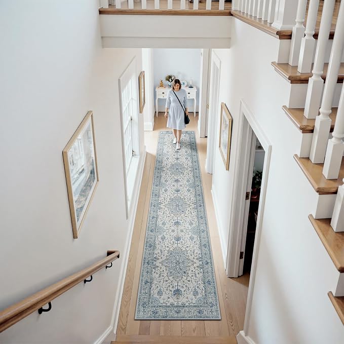RELEANY Area Rugs Runner 2'6"x10' Washable Non-Slip, Floral Vintage Distress Medallion Carpet for Kitchen Hallway Bedroom Beside Laundry Room Bathroom, Light Blue Navy Gray White