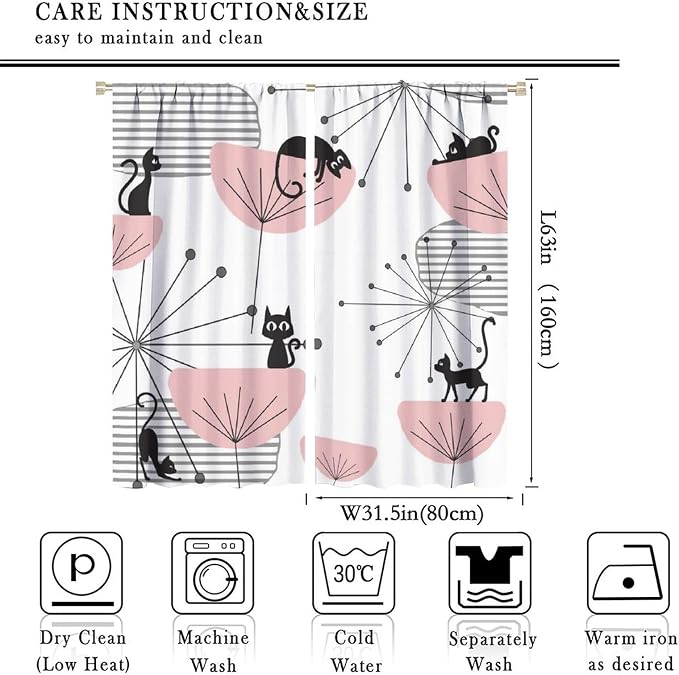 JESTRONRY Mid Century Cat Curtains, Pink Atomic Abstract Geometric 1950s 1960s Retro Style Rod Sleeves Window Drapes for Bedroom Living Room Home Decor 63x63in