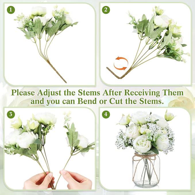 Zeyune 6 Sets Mason Jar Centerpiece Table Decorations, Artificial Peony Baby's Breath Flower Bouquets, Faux Flowers with Vase, Rustic Decor Gifts for Home, Wedding, Holiday (Green)