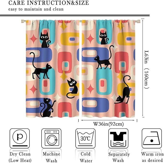 JESTRONRY Mid Century Style Curtains, Black Cat Modern Abstract Geometric 1950s 60s Vintage Colorful Blackout Rod Pocket Window Drapes for Living Room Bedroom Home Decor 72x63in