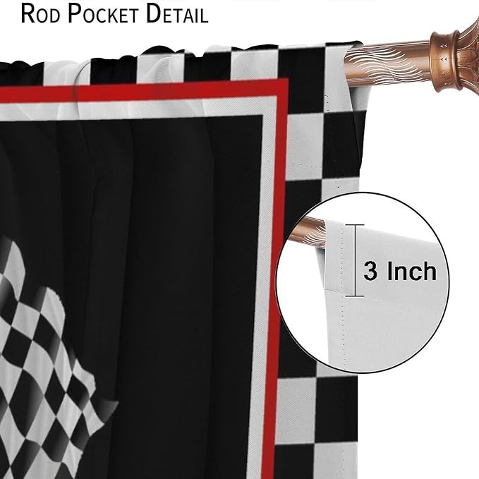 Racing Theme Blackout Curtain,Checkered Flag Black White Race Car Window Curtains Cloth Farbic for Kitchen Bedroom Cafe Dining Room Office Living Room Drapes, 42x63 in