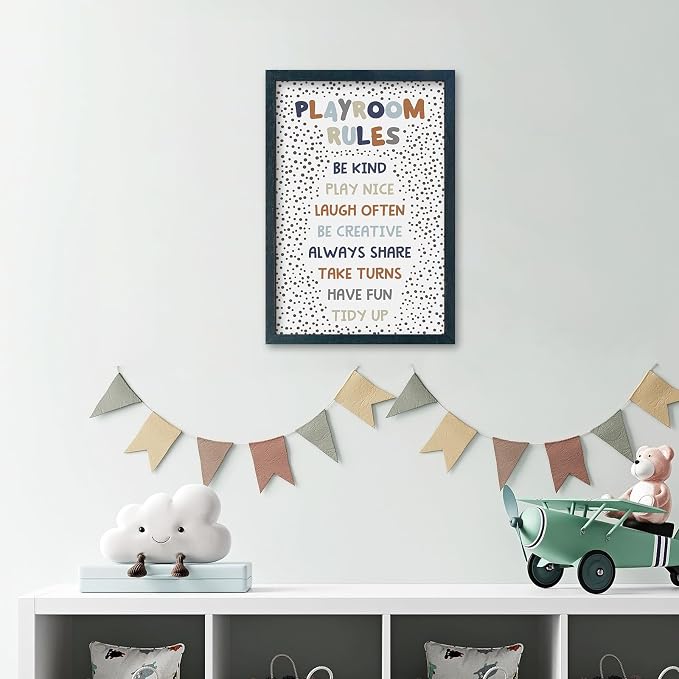 Playroom Rules Sign for Kids, 11x16 Black Wood Framed | Boho Neutral Polka Dot, Wall Decor