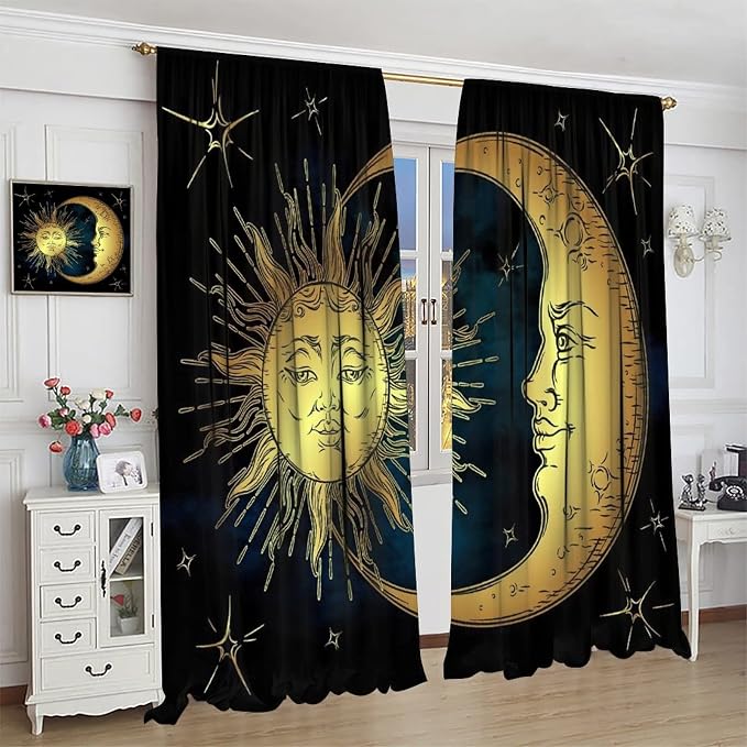 Sun Moon Blackout Windows Curtains, Boho Chic Art Golden Sun Moon and Stars Over Blue Black Sky Antique Style Curtains, for Living Room Bedroom 72x63in 2 Panels