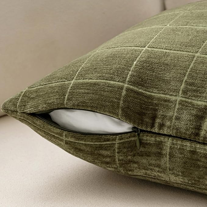 MIULEE Olive Green Plaid Decorative Throw Pillow Covers 20x20 Set of 2 | Vintage Check Chenille Couch Pillows Neutral Boho Farmhouse Cushion Covers Modern Home Decor for Sofa Bed Living Room