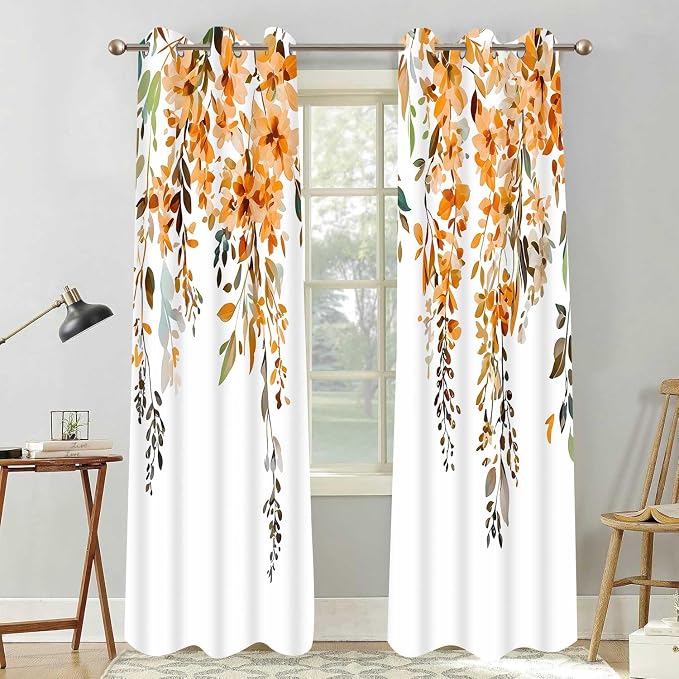 Orange Watercolor Floral Curtains, Botanical Leaves Vine Flowers Curtain, Rustic Farmhouse Flower Leaf Blackout Window Treatment Drapes for Bedroom Living Room 42x72 inch, 2 Panels