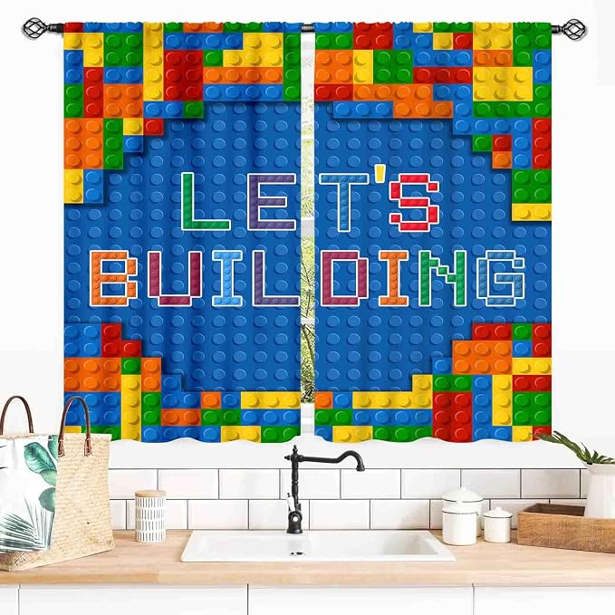 Kids Boys Curtains for Bedroom, Colorful Building Blocks Plastic Brick Pattern Abstract Contour Printed Blue Blackout Drapes for Boys Room Living Room Nursery Party Decor, 55x39 Inch
