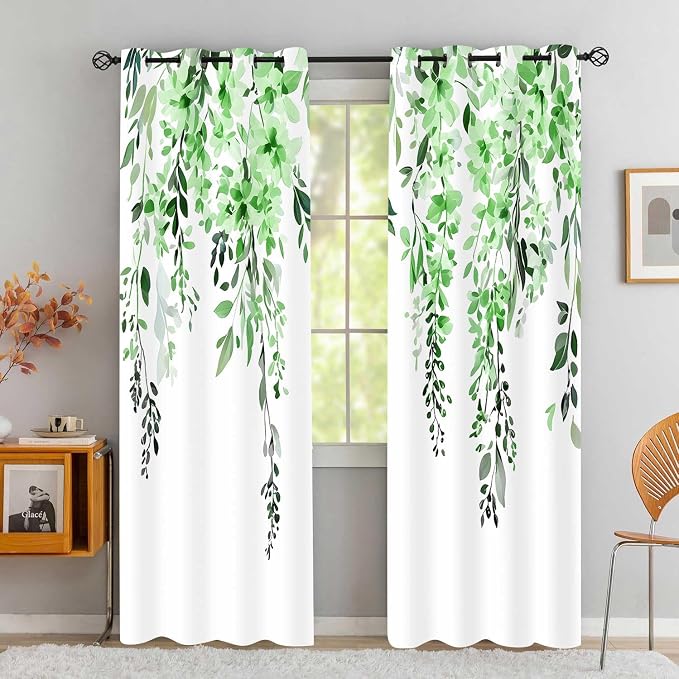 Green Watercolor Floral Curtains, Botanical Leaves Vine Flowers Curtain, Rustic Farmhouse Flower Leaf Blackout Window Treatment Drapes for Bedroom Living Room 52x72 inch, 2 Panels