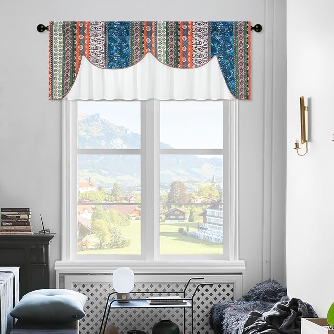 VOGOL Boho Semi Blackout Layered Kitchen Valances, Colorful Striped Print with Sheer Overlay, 1 Panel Rod Pocket Valance for Farmhouse, 52 x 18 Inches