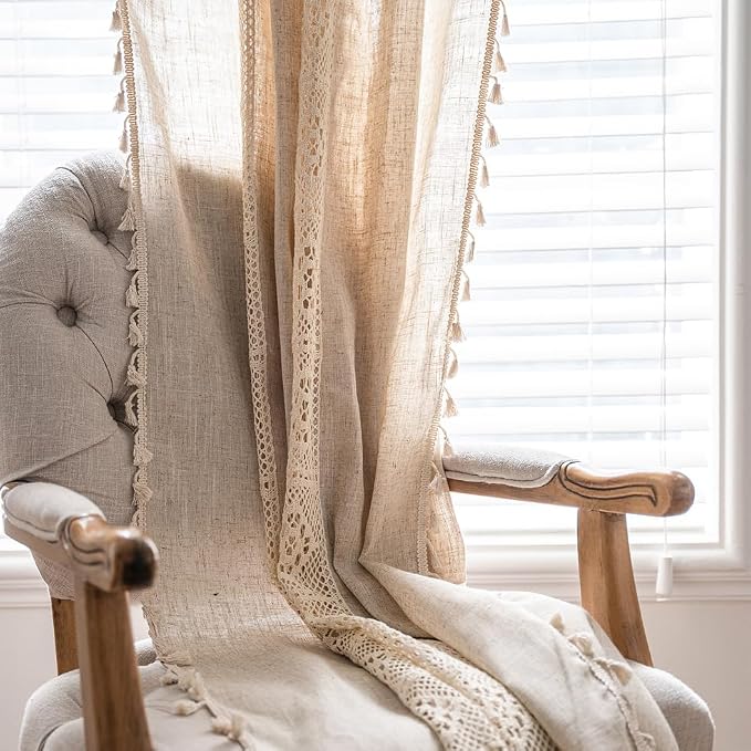 OYX Boho Curtains Crochet Lace Patchwork Semi-Blackout Bohemian Handmade Tassels, Rod Pocket Window Treatment Vintage Rustic Farmhouse Drapes for Living Bedroom, 2 Panel 52" W x 96" L, Beige