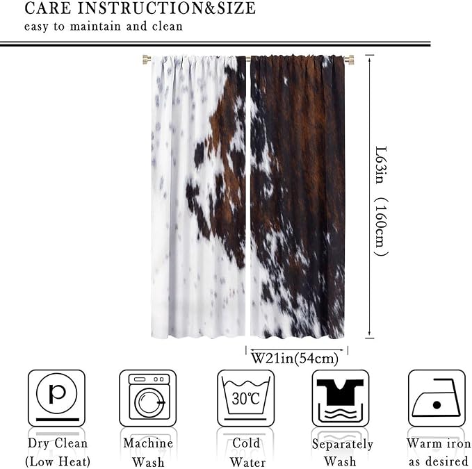 Cow Print Blackout Curtain,Retro Farm Style Animals Brown Cowhide Cow Fur Print Window Treatments Rod Pocket Curtain for Bedroom Living Room Kitchen Decor Drapes 42x63in