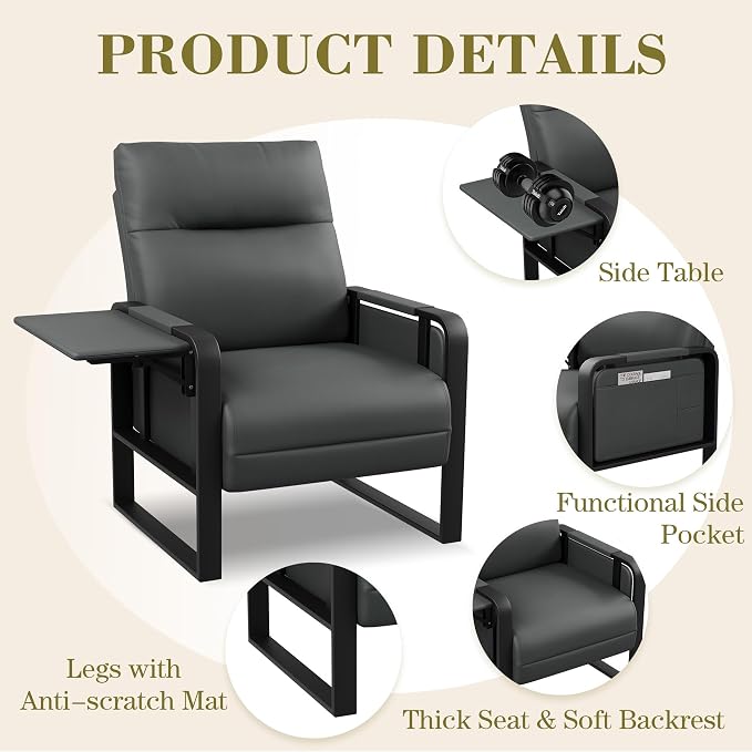 Faux Leather Accent Chairs Set of 2 with Side Table Modern Upholstered Armchair Leisure Chairs for Living Room Bedroom Office Club Dark Grey