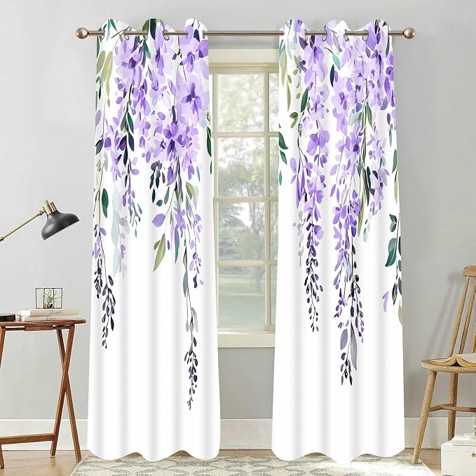 Purple Watercolor Floral Curtains, 42x72 inch, 2 Panels | Botanical Leaves Vine Flowers, Rustic Farmhouse Style, Blackout Window Treatment, For Bedroom Living Room