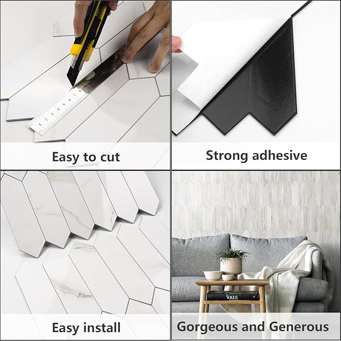 Vamos Tile Glossy White Marble Backsplash Tile Peel and Stick, 12.8 x 12.8 Inch 10 Sheets Long Hexagon PVC Self Adhesive Mosaic Wall Tiles Stick on Backsplash for Kitchen and Bathroom