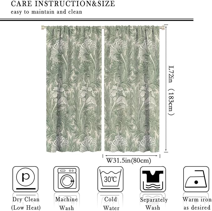 Bohemia William Morris Art Blackout Window Curtains, Vintage Flowers and Foliage Rod Pocket Curtains, for Living Room Bedroom 31.5(W)*72(L) 2 Panels