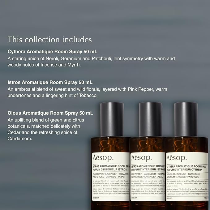 Aesop States of Being Aromatique Mini Room Spray Set – Olous, Cythera, & Istros | Fresh, Woody & Floral Scents | Long-Lasting Room & Linen Spray | 1.69 oz each (3PK)