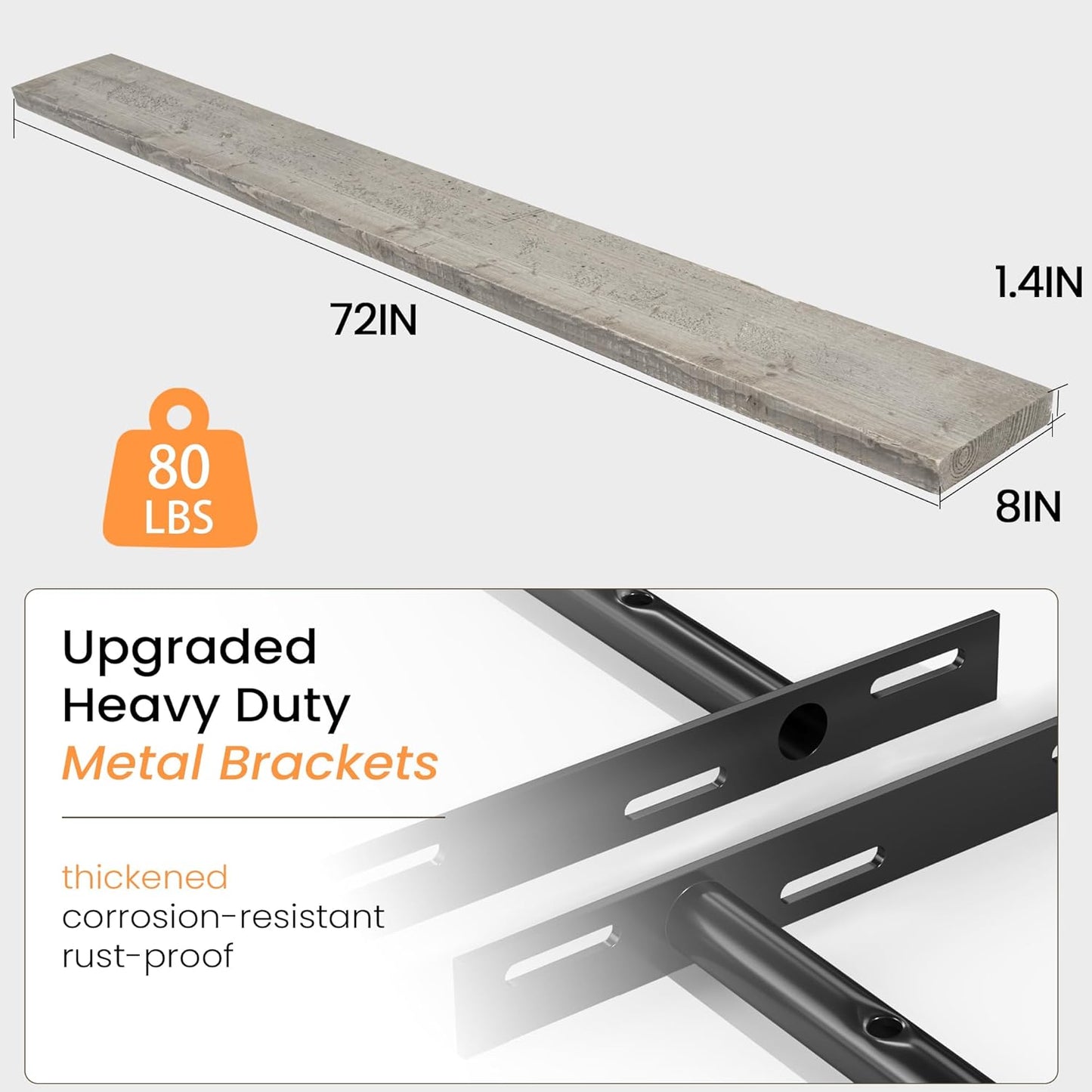 Fun Memories Floating Shelves for Wall Dec, 72"x8" Rustic Reclaimed Wood Shelves, Heavy-Duty Wall Mounted Shelves with Invisible Brackets for Living Room, Bedroom, Kitchen, Grey Finish