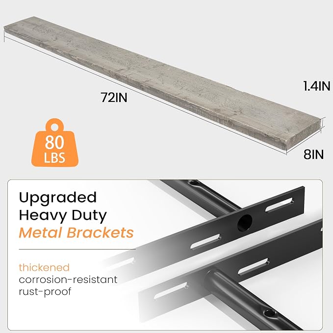 Fun Memories 72 Inch Reclaimed Wood Floating Shelves for Wall, 8 Inch Deep Extra Long Heavy Duty Rustic Farmhouse Floating Shelf with Invisible Brackets for Fireplace Mantel & TV Wall, Grey