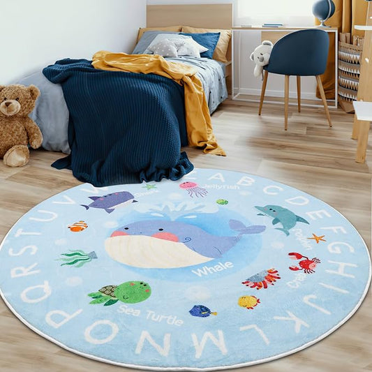 Soft Round ABC Rug for Kids Room,5.2 ft Washable Circle Rug,Non-Slip Whale Alphabet Kids Rug Carpet for Playroom Bedroom Kids Room Decor(for Age 2+)
