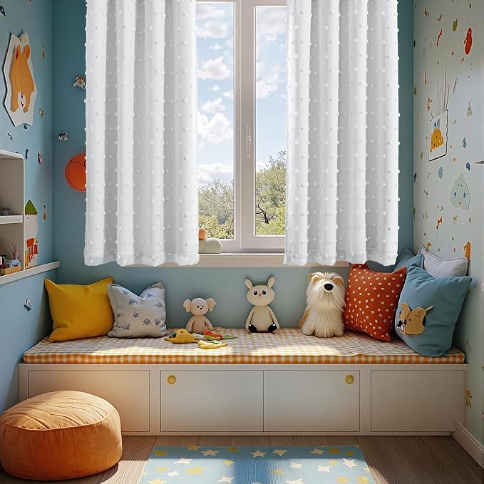 MYSKY HOME 100% Blackout Curtains for Bedroom White Blackout Curtains 54 Inches Long Thermal Insulated 2 Panels Short Kitchen Curtains with White Pom Pom Sheer Room Darkening Back Tab, 52 x 54 Inch