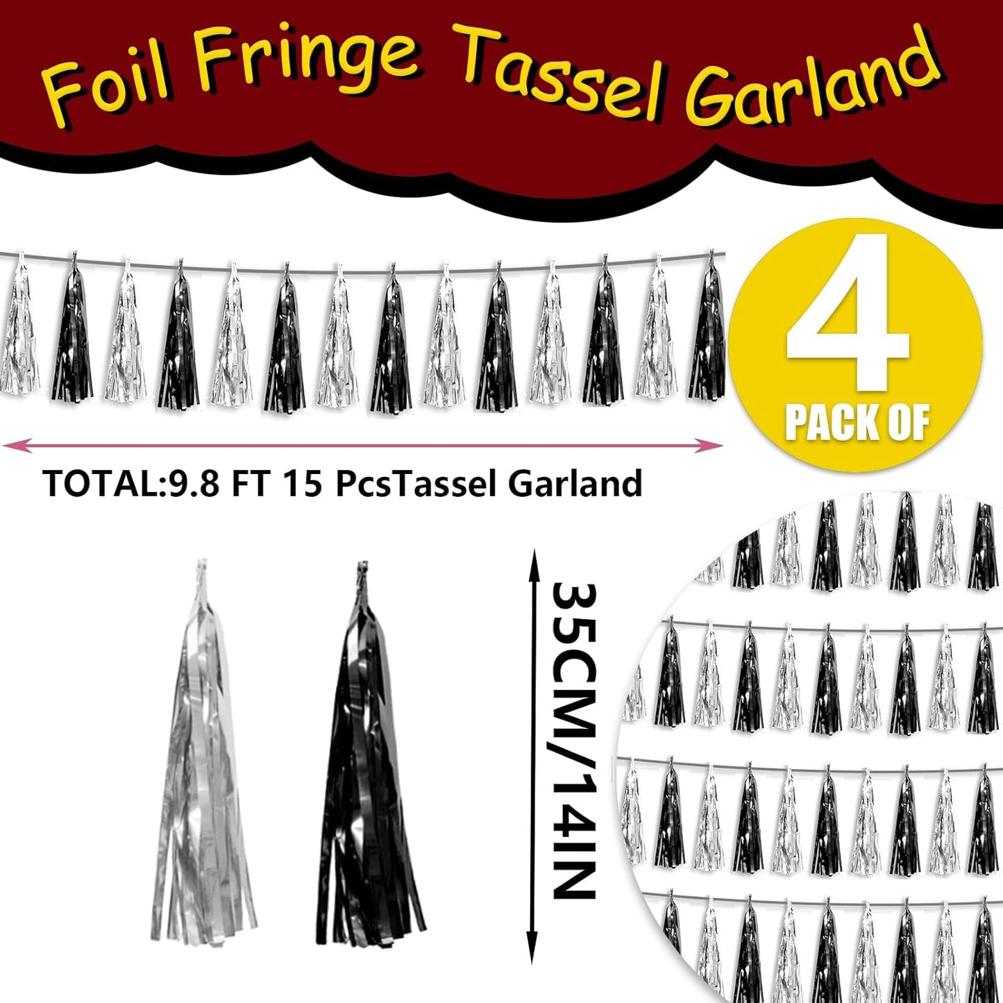 4P Black Silver Foil Fringe Metallic Tassel Streamers Banner Tassel Garland for Parade Floats, Graduation, Wedding, Birthday, Halloween, Christmas, Bridal/Baby Shower Party Decorations