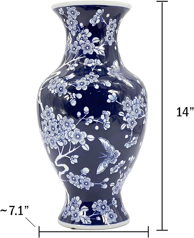 Galt International 14” Hand Painted Chinoiserie Ceramic Vase – Antique Style Porcelain Flower Bottle by Galt International, Fishtail Chinese Vase for Home Decor & Centerpiece - Dark Blue Floral