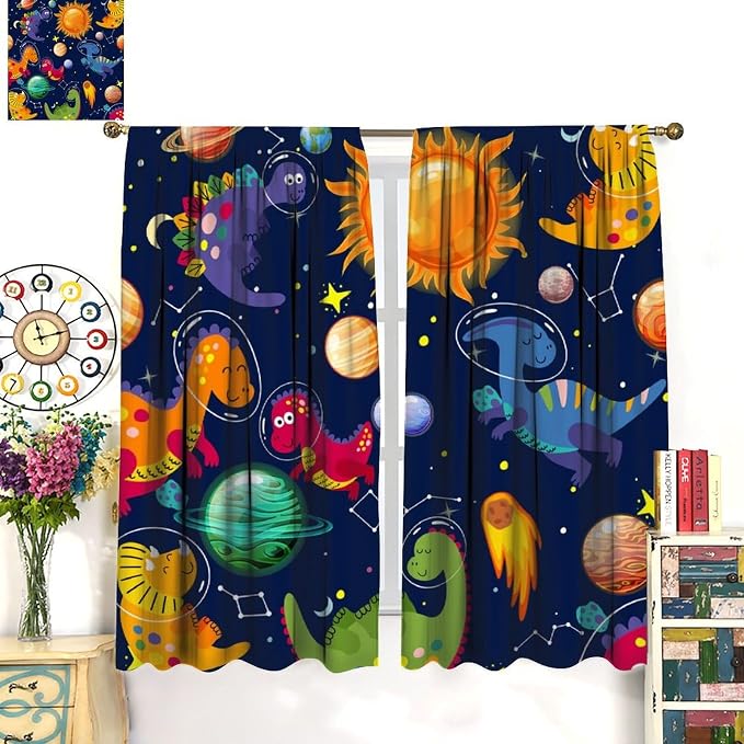 YCness Kids Dinosaur Curtains Cute Funny Cartoon Dino Outer Space Art Printed Blackout Window Drapes for Boys Girls Bedroom Children Nursery Decor Fabric Set 2 Panel 63x72 Inch 80% Shading Rate