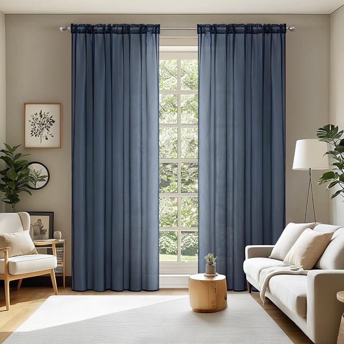 MIULEE 2 Panels Navy Blue Sheer Curtains 96 inches Long Window Curtains Rod Pocket Elegant Window Voile Panels/Drapes/Treatment for Bedroom Living Room (54X96 Inches)