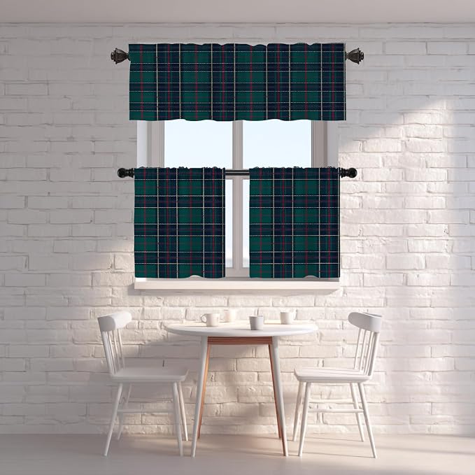 Shrahala Tartan Plaid Kitchen Valances, Green Scottish Fabric Kilt Twill Woven Half Window Curtain Window Treatment Multilayer Polyester Blackout for Living Room Bathroom 2 Pack 52 x 16 in
