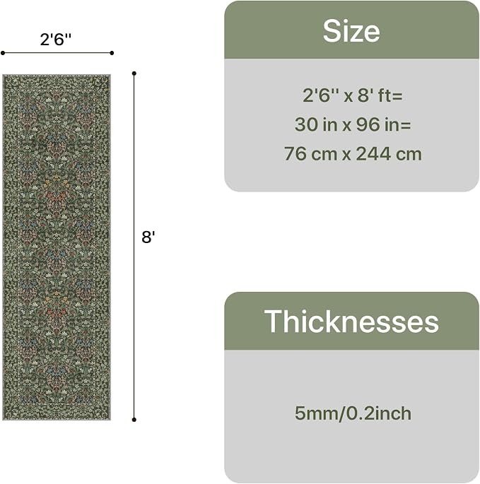 GENIMO 2.5x8 Washable Hallway Runner Rug, Non Slip, Emerald Green | Vintage Boho Floral Low Pile Thin Mat for Entryway, Kitchen, Bedroom, Indoor Decor